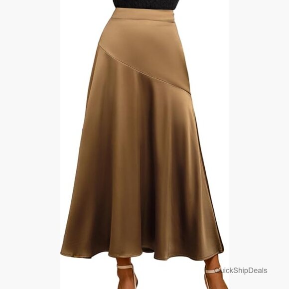 Satin Midi Skirt High Waisted A-Line Flowy Long Casual Vacation